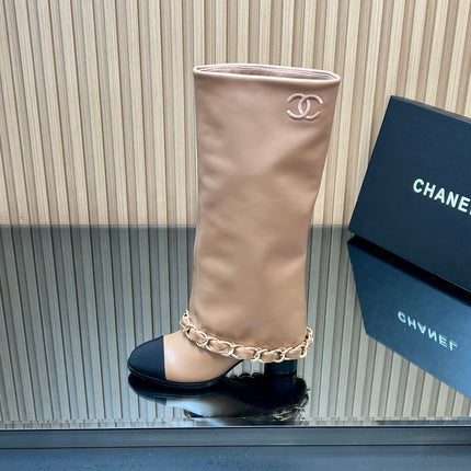 CHANEL 25S KNEE-HIGH HEELED BOOTS 65MM IN BEIGE CALFSKIN GOLD HARDWRE
