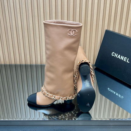CHANEL 25S KNEE-HIGH HEELED BOOTS 65MM IN BEIGE CALFSKIN GOLD HARDWRE