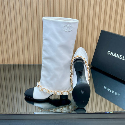 CHANEL 25S KNEE-HIGH HEELED BOOTS 65MM IN WHITE CALFSKIN GOLD HARDWRE