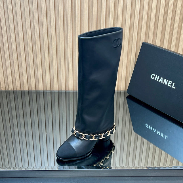 CHANEL 25S KNEE-HIGH HEELED BOOTS 65MM IN BLACK CALFSKIN GOLD HARDWRE
