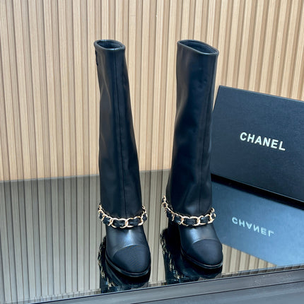 CHANEL 25S KNEE-HIGH HEELED BOOTS 65MM IN BLACK CALFSKIN GOLD HARDWRE