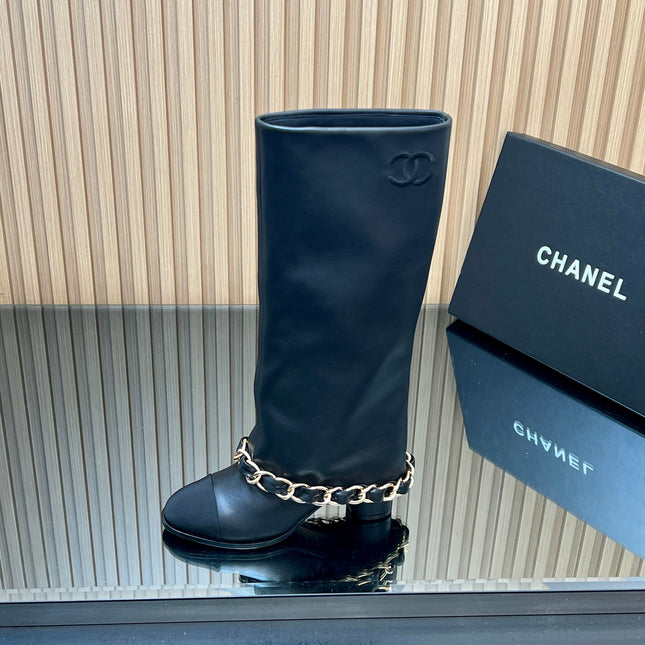 CHANEL 25S KNEE-HIGH HEELED BOOTS 65MM IN BLACK CALFSKIN GOLD HARDWRE