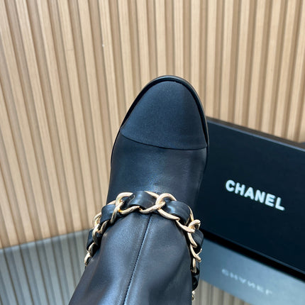 CHANEL 25S KNEE-HIGH HEELED BOOTS 65MM IN BLACK CALFSKIN GOLD HARDWRE