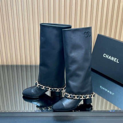 CHANEL 25S KNEE-HIGH HEELED BOOTS 65MM IN BLACK CALFSKIN GOLD HARDWRE