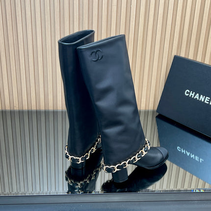CHANEL 25S KNEE-HIGH HEELED BOOTS 65MM IN BLACK CALFSKIN GOLD HARDWRE