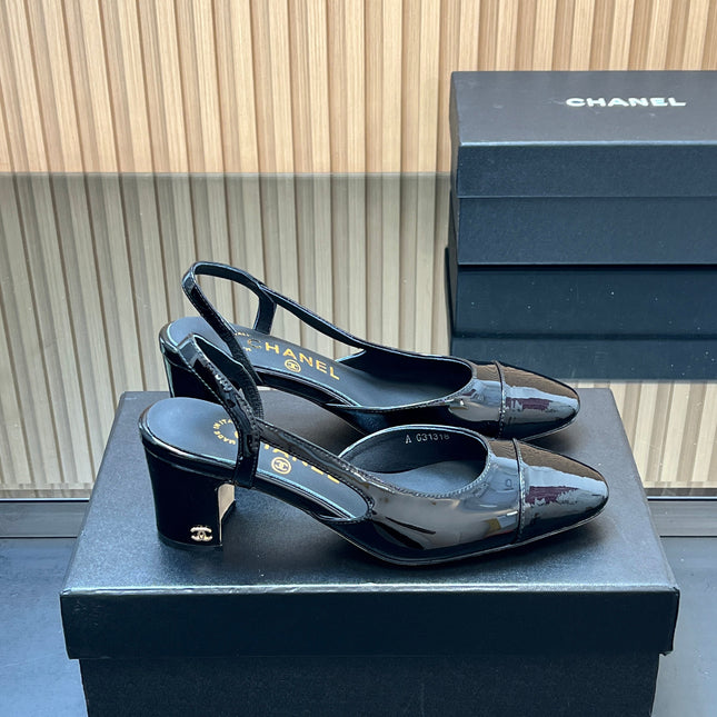 CHANEL 25S SLINGBACK SHOES IN BLACK GLOSSY CALFSKIN
