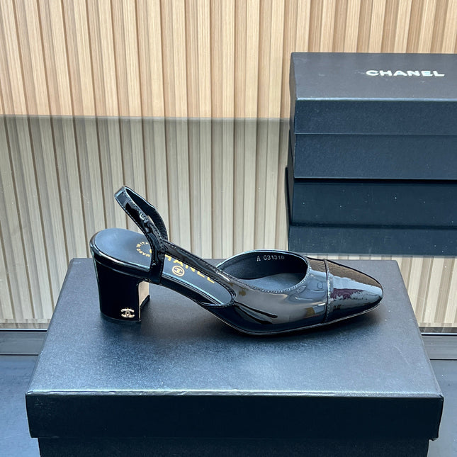 CHANEL 25S SLINGBACK SHOES IN BLACK GLOSSY CALFSKIN