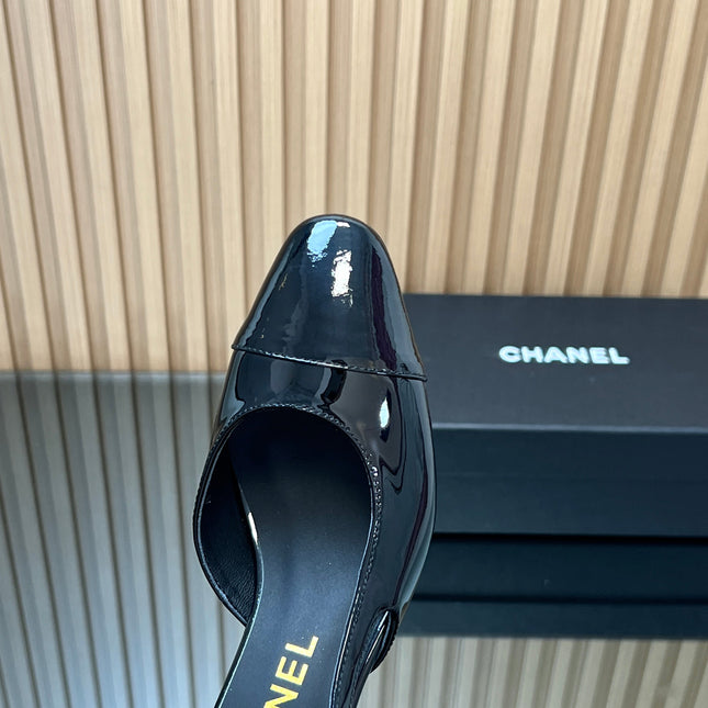 CHANEL 25S SLINGBACK SHOES IN BLACK GLOSSY CALFSKIN