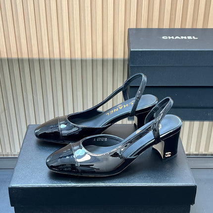 CHANEL 25S SLINGBACK SHOES IN BLACK GLOSSY CALFSKIN