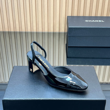 CHANEL 25S SLINGBACK SHOES IN BLACK GLOSSY CALFSKIN