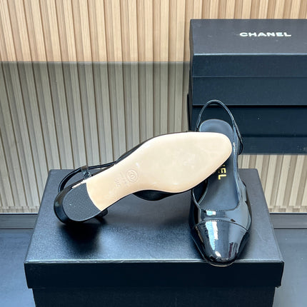 CHANEL 25S SLINGBACK SHOES IN BLACK GLOSSY CALFSKIN