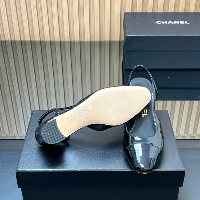 CHANEL 25S SLINGBACK SHOES IN BLACK GLOSSY CALFSKIN