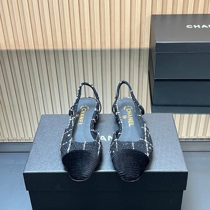 CHANEL 25S SLINGBACK FLATS SHOES IN BLACK TWEED