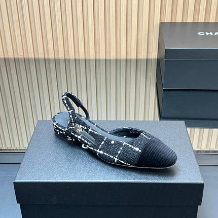 CHANEL 25S SLINGBACK FLATS SHOES IN BLACK TWEED