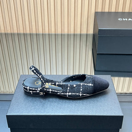 CHANEL 25S SLINGBACK FLATS SHOES IN BLACK TWEED