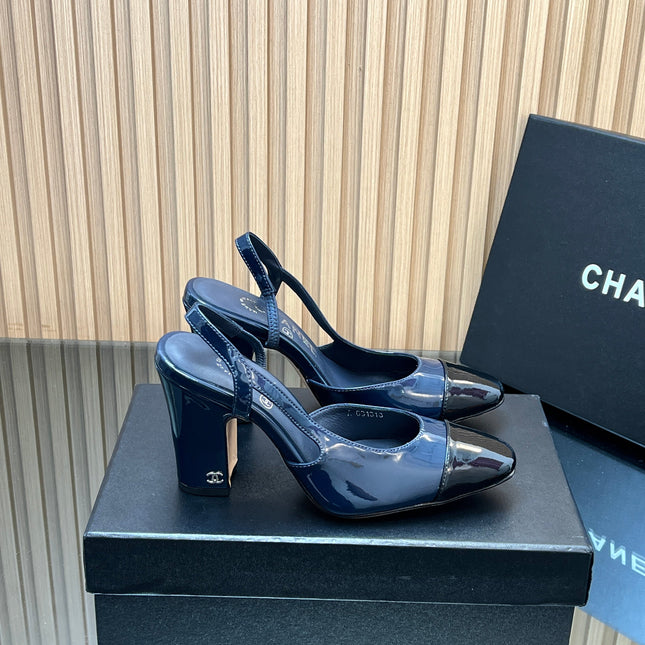 CHANEL 25S SLINGBACK SHOES IN BLUE AND BLACK GLOSSY CALFSKIN