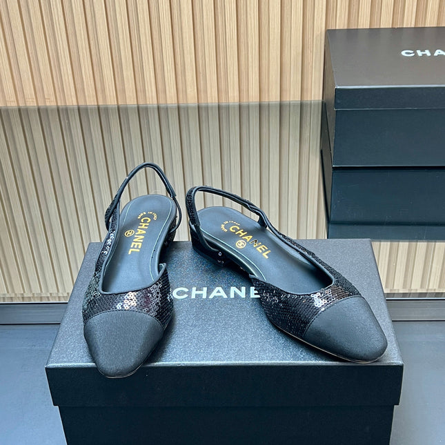 CHANEL 25S SLINGBACK SHOES IN BLACK EMBELLISHED WITH SPARKLES CANVAS