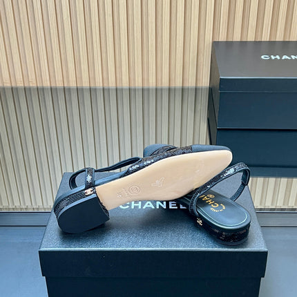 CHANEL 25S SLINGBACK SHOES IN BLACK EMBELLISHED WITH SPARKLES CANVAS