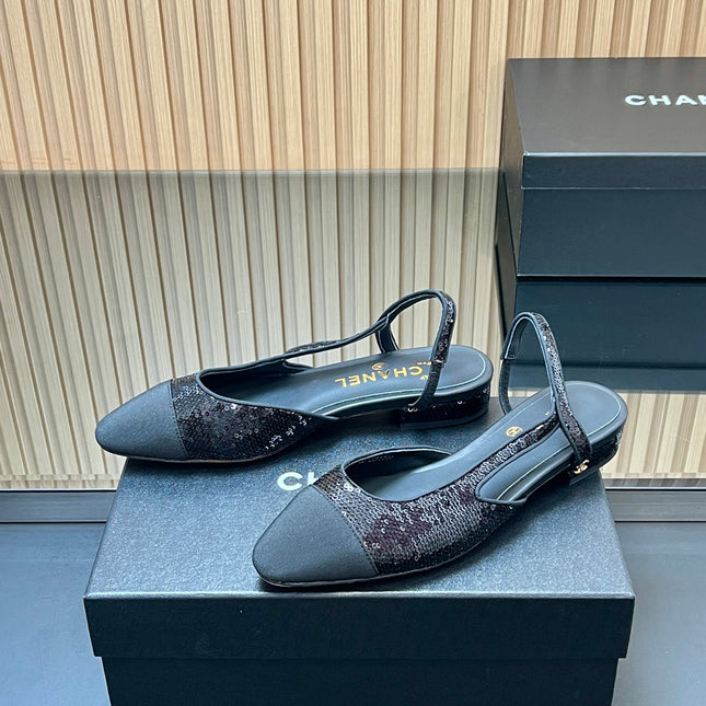 CHANEL 25S SLINGBACK SHOES IN BLACK EMBELLISHED WITH SPARKLES CANVAS