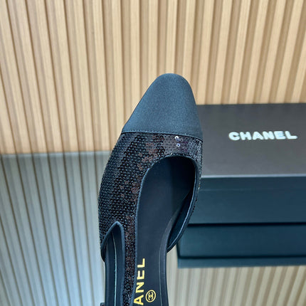 CHANEL 25S SLINGBACK SHOES IN BLACK EMBELLISHED WITH SPARKLES CANVAS