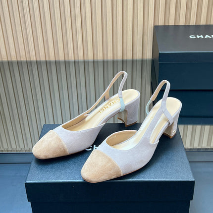 CHANEL 25S SLINGBACK SHOES IN NUDE AND BEIGE SUEDE