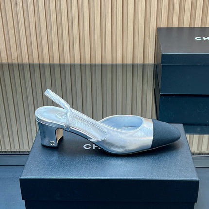 CHANEL 25S SLINGBACK SHOES IN SILVER AND BLACK CALFSKIN
