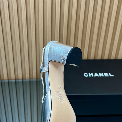 CHANEL 25S SLINGBACK SHOES IN SILVER AND BLACK CALFSKIN