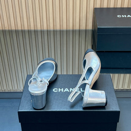 CHANEL 25S SLINGBACK SHOES IN SILVER AND BLACK CALFSKIN