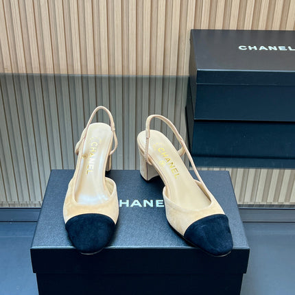 CHANEL 25S SLINGBACK SHOES IN BEIGE AND BLACK SUEDE