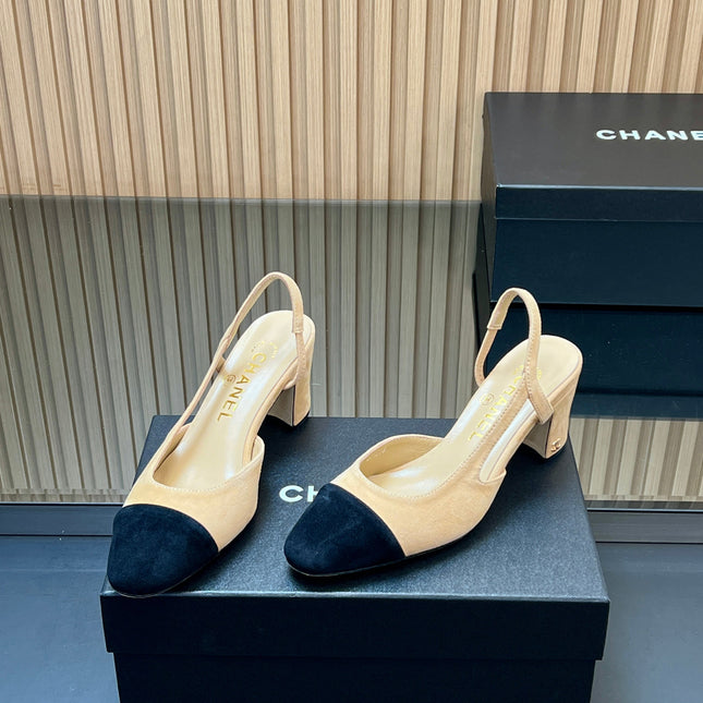 CHANEL 25S SLINGBACK SHOES IN BEIGE AND BLACK SUEDE