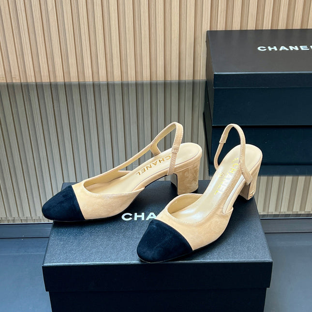 CHANEL 25S SLINGBACK SHOES IN BEIGE AND BLACK SUEDE