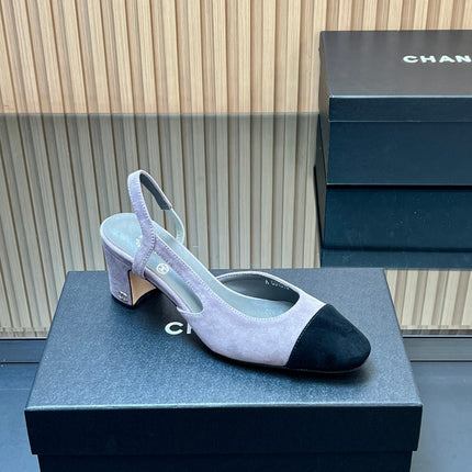 CHANEL 25S SLINGBACK SHOES IN LIGHT PURPLE AND BLACK SUEDE