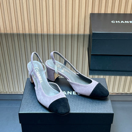 CHANEL 25S SLINGBACK SHOES IN LIGHT PURPLE AND BLACK SUEDE