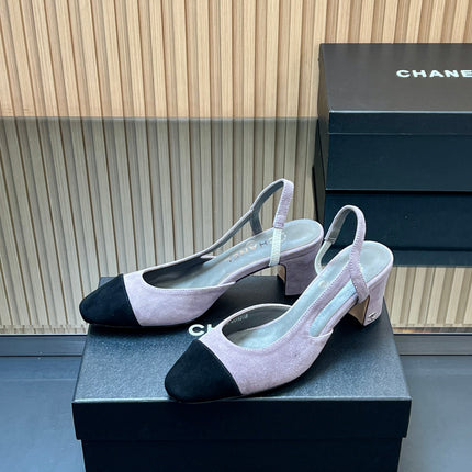 CHANEL 25S SLINGBACK SHOES IN LIGHT PURPLE AND BLACK SUEDE