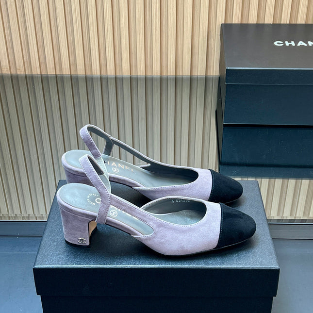 CHANEL 25S SLINGBACK SHOES IN LIGHT PURPLE AND BLACK SUEDE