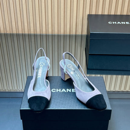 CHANEL 25S SLINGBACK SHOES IN LIGHT PURPLE AND BLACK SUEDE