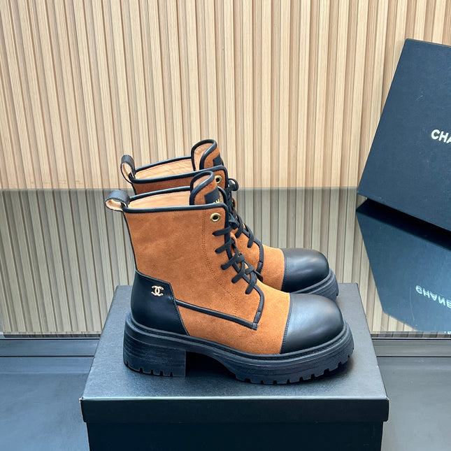CHANEL 25S LACE-UP ANKLE BOOTS IN DARK CARAMEL SUEDE AND BLACK CALFSKIN