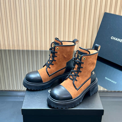 CHANEL 25S LACE-UP ANKLE BOOTS IN DARK CARAMEL SUEDE AND BLACK CALFSKIN