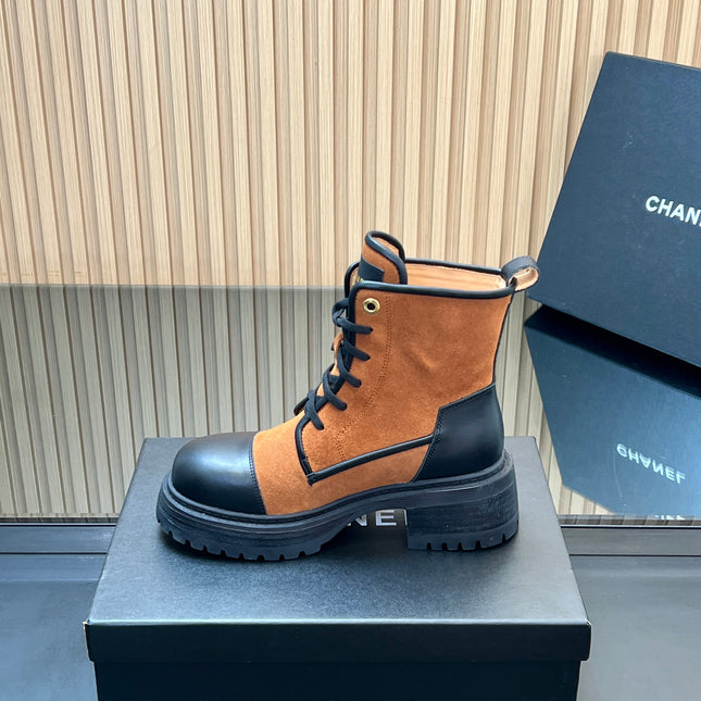 CHANEL 25S LACE-UP ANKLE BOOTS IN DARK CARAMEL SUEDE AND BLACK CALFSKIN