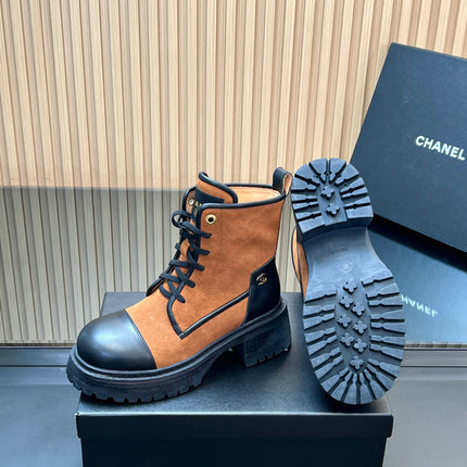 CHANEL 25S LACE-UP ANKLE BOOTS IN DARK CARAMEL SUEDE AND BLACK CALFSKIN