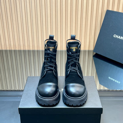 CHANEL 25S LACE-UP ANKLE BOOTS IN BLACK SUEDE AND CALFSKIN