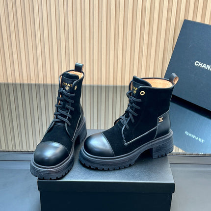 CHANEL 25S LACE-UP ANKLE BOOTS IN BLACK SUEDE AND CALFSKIN