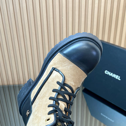 CHANEL 25S LACE-UP ANKLE BOOTS IN BROWN BLACK SUEDE AND CALFSKIN