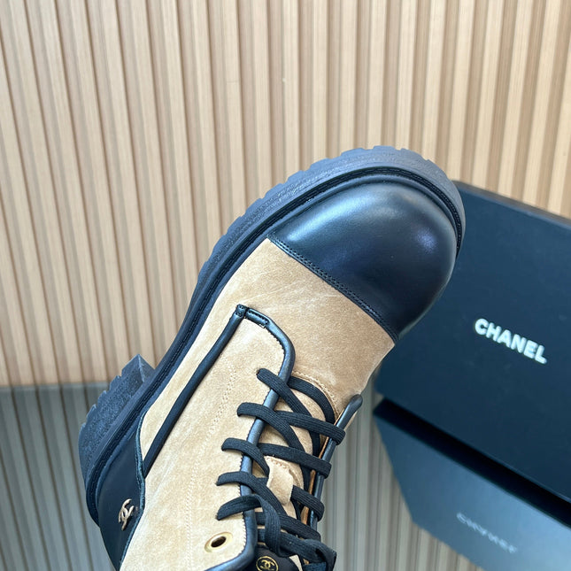 CHANEL 25S LACE-UP ANKLE BOOTS IN BROWN BLACK SUEDE AND CALFSKIN