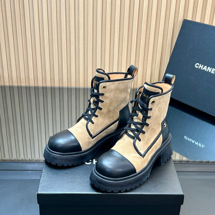 CHANEL 25S LACE-UP ANKLE BOOTS IN BROWN BLACK SUEDE AND CALFSKIN