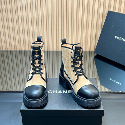 CHANEL 25S LACE-UP ANKLE BOOTS IN BROWN BLACK SUEDE AND CALFSKIN