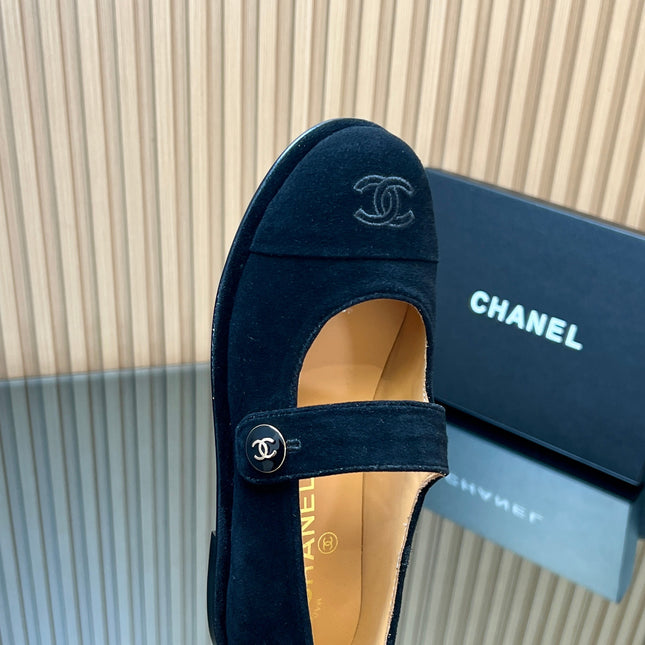 CHANEL 25S DOUBLE-STRAP MARY JANE SHOES IN BLACK SUEDE