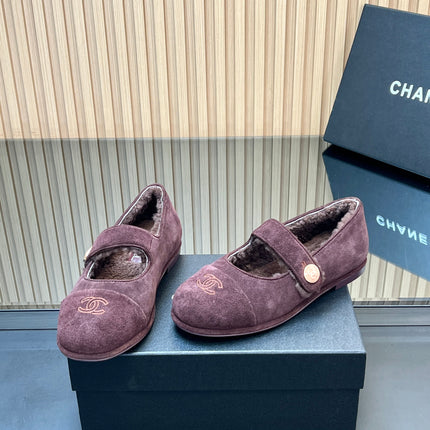 CHANEL 25S FURRY MARY JANE SHOES IN DARK PURPLE SUEDE