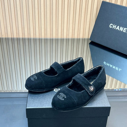CHANEL 25S FURRY MARY JANE SHOES IN BLACK SUEDE