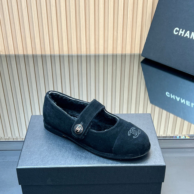 CHANEL 25S FURRY MARY JANE SHOES IN BLACK SUEDE